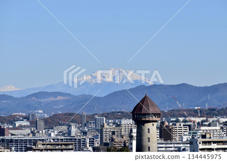 View of Higashiyama Water Tower and snow-capped Mount Ontake 134445975