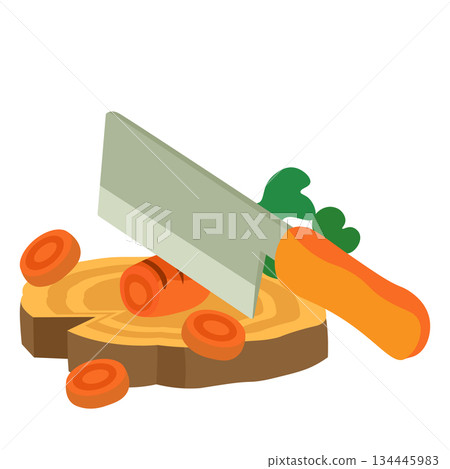 Illustration of cutting a carrot with a knife on a cutting board with sliced stumps Illustration of cutting a carrot with a knife on a cutting board with sliced stumps 134445983