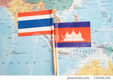 Bangkok, Thailand December 10, 2023 Thailand and Cambodia flag on world map. 134446100