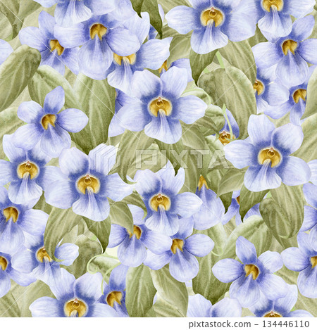 Purple garden vine flowers watercolor seamless pattern. Pastel violet floral liana plant hand drawn repeat background of blue clockvine trumpet. Botanical floral art of tropical nature 134446110