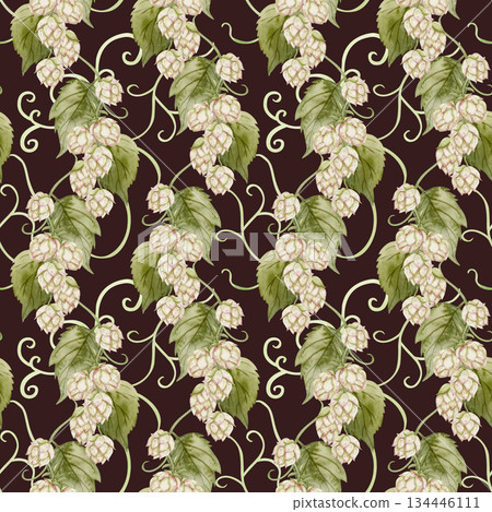 Botanical hops vine branch with cone flowers watercolor seamless pattern on dark brown. Realistic garden liana in pastel colors. Green garden climbing plant repeat background 134446111