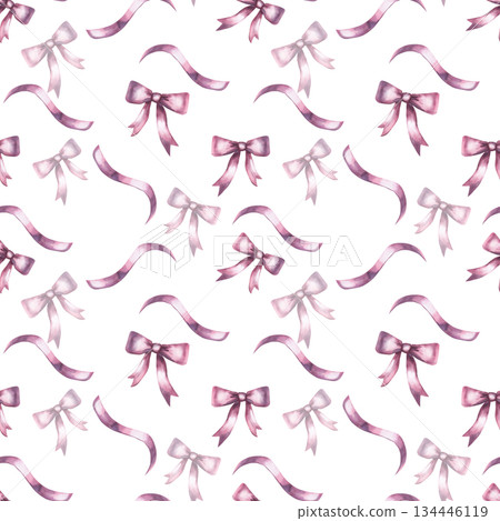 A seamless pattern with pink bows and ribbons on a blue background. Hand-drawn watercolor illustration for interior design, fabric printing, and packaging. 134446119