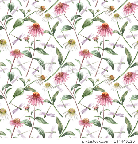 Seamless pattern with pink and white echinacea flowers and dragonflies on a blue background. Hand-drawn watercolor illustration for interior design, fabric printing, and packaging. 134446129
