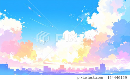 英文：一幅動漫風格的奇幻城市景觀，淡粉色的積雨雲像令人懷念的夏末景象般蔓延開來。 134446139