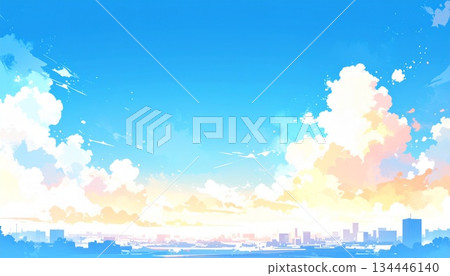 英文：一幅動漫風格的奇幻城市景觀，淡粉色的積雨雲像令人懷念的夏末景象般蔓延開來。 134446140