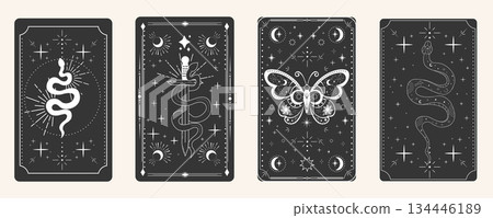 Tarot card frame spiritual esoteric reverse border magic sacred cover card. Mystic elements moon, sun, magic moth, snake fantasy sign. Tarot card frame spiritual esoteric reverse border magic sacred cover card. Mystic elements moon, sun, magic moth, snake fantasy sign. 134446189