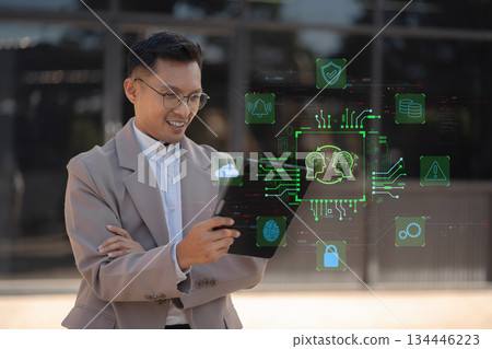 Zero trust security concept Person using computer and tablet with zero trust icon on virtual screen of Data businesses.in office. 134446223