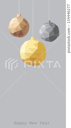 Geometric Christmas ball decoration. New Year holiday baubles low poly decorative spheres. Christmas greeting flyer poster invitation banner cover packaging branding. Illustration gray background Geometric Christmas ball decoration. New Year holiday baubles low poly decorative spheres. Christmas greeting flyer poster invitation banner cover packaging branding. Illustration gray background 134446277