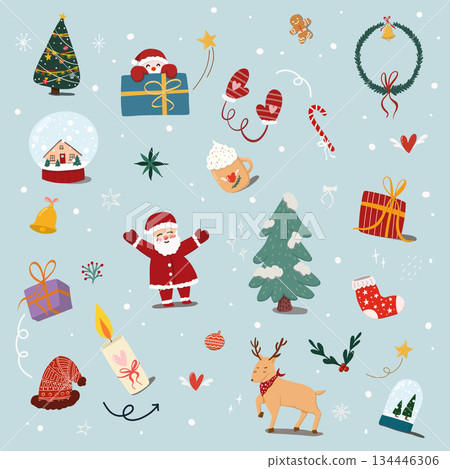 winter Christmas pattern background, with cute cartoon of Santa Claus, ornament, Christmas tree, gift box, candy canes, reindeer, snow globe, sock isolated on light green background winter Christmas pattern background, with cute cartoon of Santa Claus, ornament, Christmas tree, gift box, candy canes, reindeer, snow globe, sock isolated on light green background 134446306