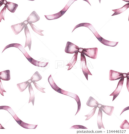 Seamless pattern with pink bows and ribbons. Hand-drawn watercolor illustration for interior design, fabric printing, and packaging. Seamless pattern with pink bows and ribbons. Hand-drawn watercolor illustration for interior design, fabric printing, and packaging. 134446327