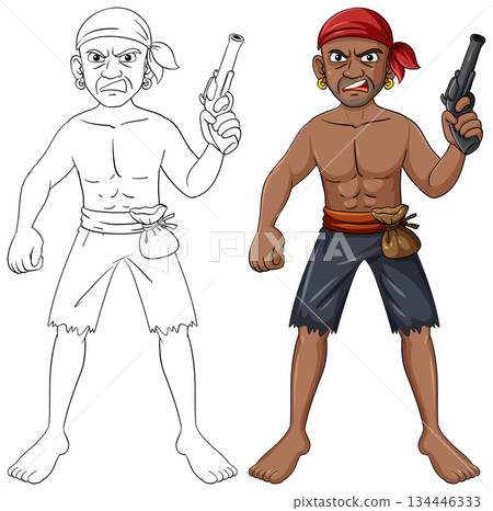 Angry Pirate Bandit Holding Pistol with Red Bandana Angry Pirate Bandit Holding Pistol with Red Bandana 134446333