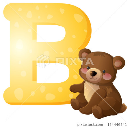 Cute Bear Cub Sitting Beside Large Letter B Cute Bear Cub Sitting Beside Large Letter B 134446341
