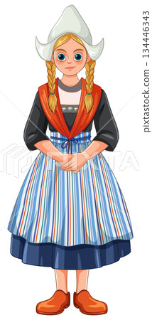 Dutch Girl in Traditional Folk Costume with Wooden Clogs 134446343