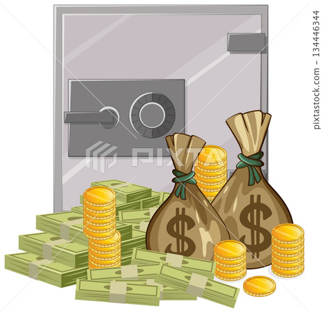 Money Bags and Coins in Front of Bank Vault 134446344