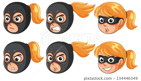 Cartoon Female Burglar Faces with Various Emotions and Expressions Cartoon Female Burglar Faces with Various Emotions and Expressions 134446349
