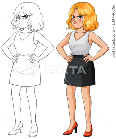 Angry Businesswoman Standing with Hands on Hips Vector 134446356
