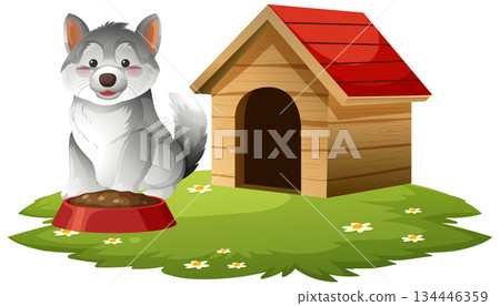 Cartoon Husky Puppy Eating Near Wooden Doghouse on Grass Cartoon Husky Puppy Eating Near Wooden Doghouse on Grass 134446359
