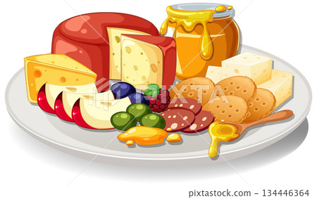 Cheese Platter with Fruit, Crackers, and Honey Jar 134446364