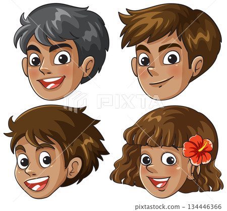 Cartoon Portraits of Smiling Hawaiian Children with Flower Accessory 134446366