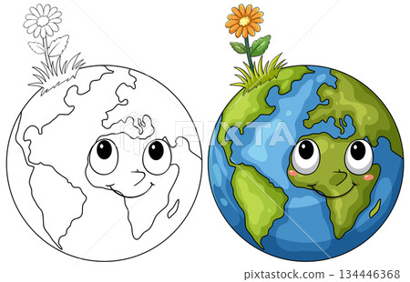 Cute Cartoon Earth Character with Flower Illustration 134446368