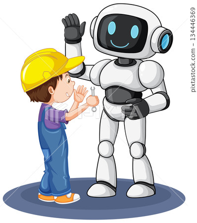 Child Engineer Giving High Five to Friendly Robot Child Engineer Giving High Five to Friendly Robot 134446369