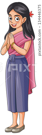 Smiling Woman in Traditional Dress Greeting with Wai Gesture 134446375