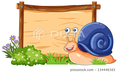 Smiling Cartoon Snail Beside Wooden Sign in Garden 134446383