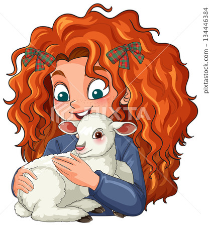 Red-Haired Girl Hugging White Lamb Cartoon Illustration 134446384