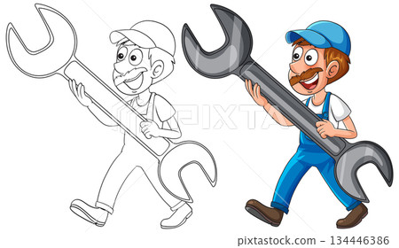 Cartoon Mechanic Carrying Large Wrench Vector Illustration Cartoon Mechanic Carrying Large Wrench Vector Illustration 134446386