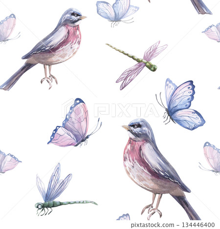 Seamless pattern with a bird, butterflies, and dragonflies. Watercolor illustration for interior design, fabric printing, and packaging. 134446400
