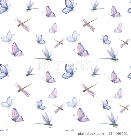 A seamless pattern with delicate butterflies and dragonflies on a green background. Watercolor illustration for interior design, fabric printing, and packaging. 134446401