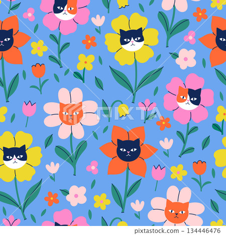 Seamless pattern with flowers and cat faces. Vector graphics. Seamless pattern with flowers and cat faces. Vector graphics. 134446476