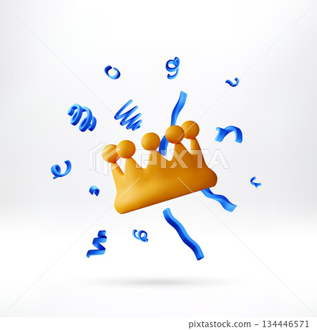 3D rendered golden crown with blue confetti 134446571