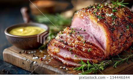 Sliced glazed ham with rosemary and mustard sauce on cutting board 134446844