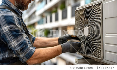 Technician cleaning air conditioner condenser unit with brush Technician cleaning air conditioner condenser unit with brush 134446847