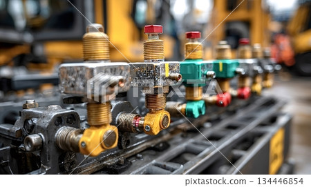 Hydraulic valves controlling heavy machinery operation showing pressure and flow regulation Hydraulic valves controlling heavy machinery operation showing pressure and flow regulation 134446854
