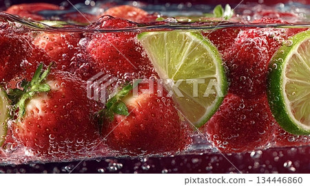 Strawberries and lime slices submerged in sparkling water with bubbles 134446860