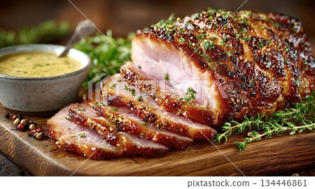 Sliced glazed ham with herbs and mustard sauce on cutting board 134446861