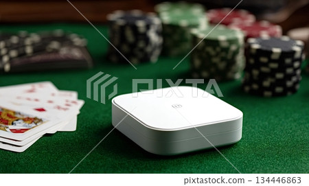 Cryptocurrency hardware wallet lying on poker table with cards and chips 134446863