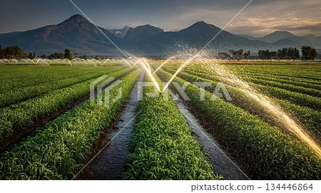 Irrigation system watering green crops in cultivated agricultural field at sunset 134446864