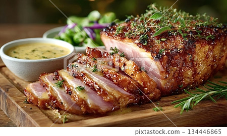 Sliced glazed ham with herbs and mustard sauce on cutting board 134446865