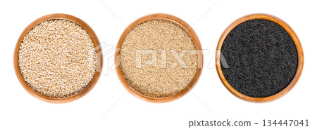 Amaranth grain, in wooden bowls. From left to right popped, white, and black amaranth. Highly nutritious, tiny, gluten-free seeds from the plant Amaranthus, a pseudocereal, used like grain. Photo Amaranth grain, in wooden bowls. From left to right popped, white, and black amaranth. Highly nutritious, tiny, gluten-free seeds from the plant Amaranthus, a pseudocereal, used like grain. Photo 134447041