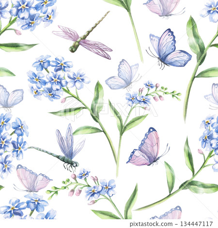 A seamless pattern with delicate forget-me-nots, dragonflies, and butterflies. Watercolor illustration for interior design, fabric printing, and packaging. 134447117