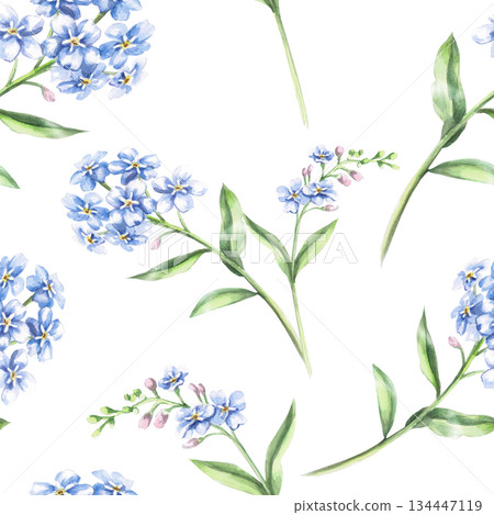 A seamless pattern with delicate forget-me-nots. Watercolor illustration for interior design, fabric printing, and packaging. 134447119