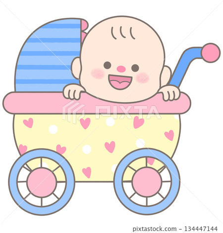 Cute Little Baby sitting in Baby Stroller 134447144