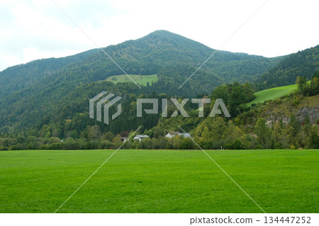 Scenic Mountain Valley View with Wooden Houses and Forest 134447252