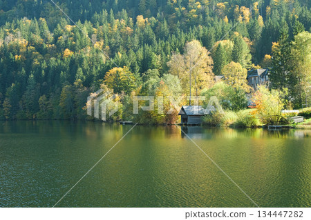 Autumn mountain landscape, mountains near lake, reflections in the water. Autumn mountain landscape, mountains near lake, reflections in the water. 134447282