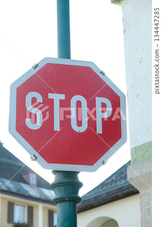 Red Octagonal STOP Sign on a Street Post Red Octagonal STOP Sign on a Street Post 134447285