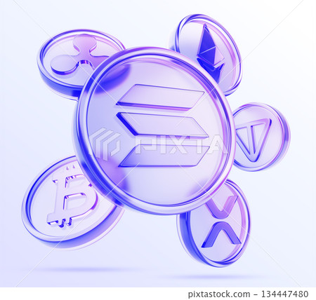 3d glass holographic cryptocurrency coins - solana, ethereum, bitcoin, toncoin and xrp ripple flying on purple background. Digital currency, altcoins, money tokens for crypto exchange. 3D illustration 3d glass holographic cryptocurrency coins - solana, ethereum, bitcoin, toncoin and xrp ripple flying on purple background. Digital currency, altcoins, money tokens for crypto exchange. 3D illustration 134447480