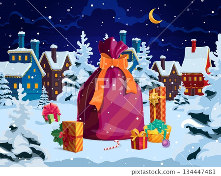 Christmas holiday gifts on snow with large red gift sack. Vector holiday card features candy cane, tree ornaments, festive town, and moon in night sky. Merry winter greetings and seasonal celebration 134447481